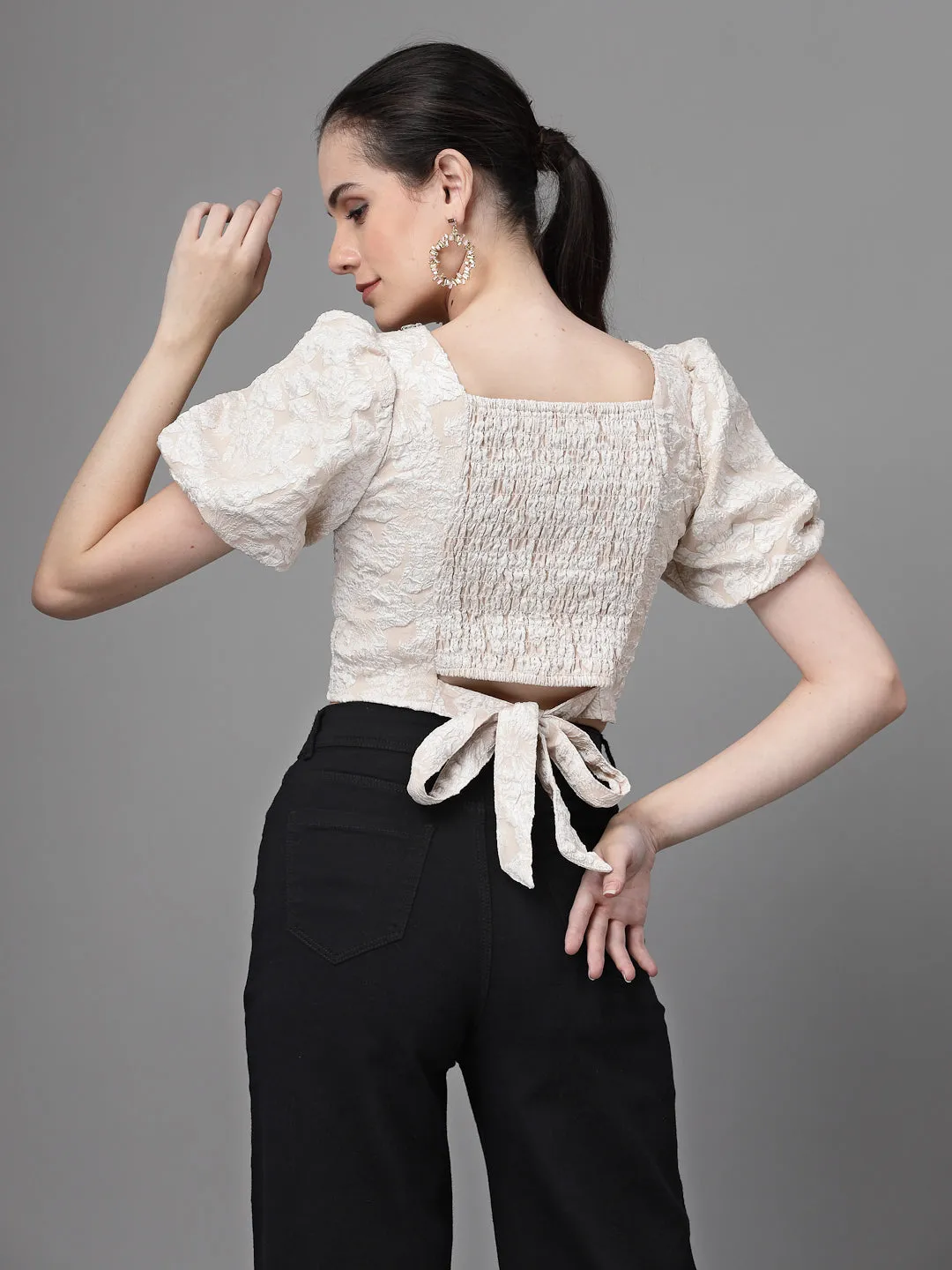 Women Square Neck Embroidered Cropped Blouson Top