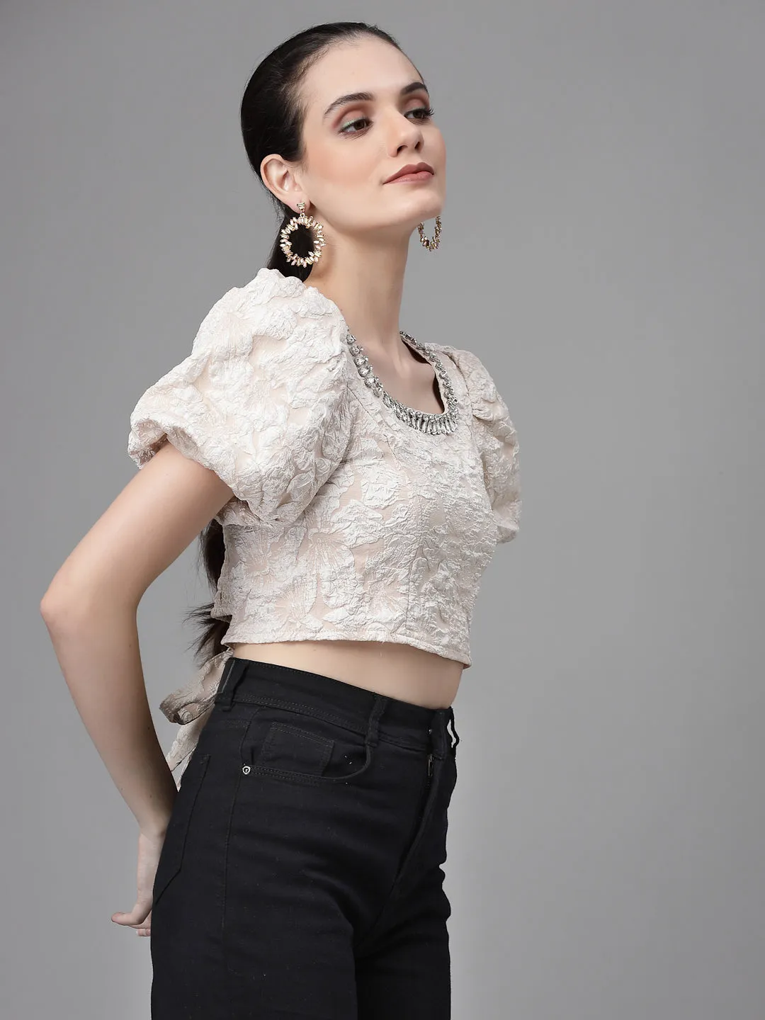 Women Square Neck Embroidered Cropped Blouson Top