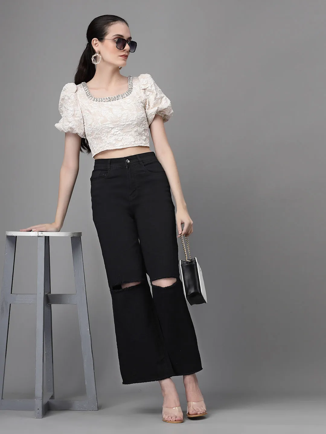 Women Square Neck Embroidered Cropped Blouson Top