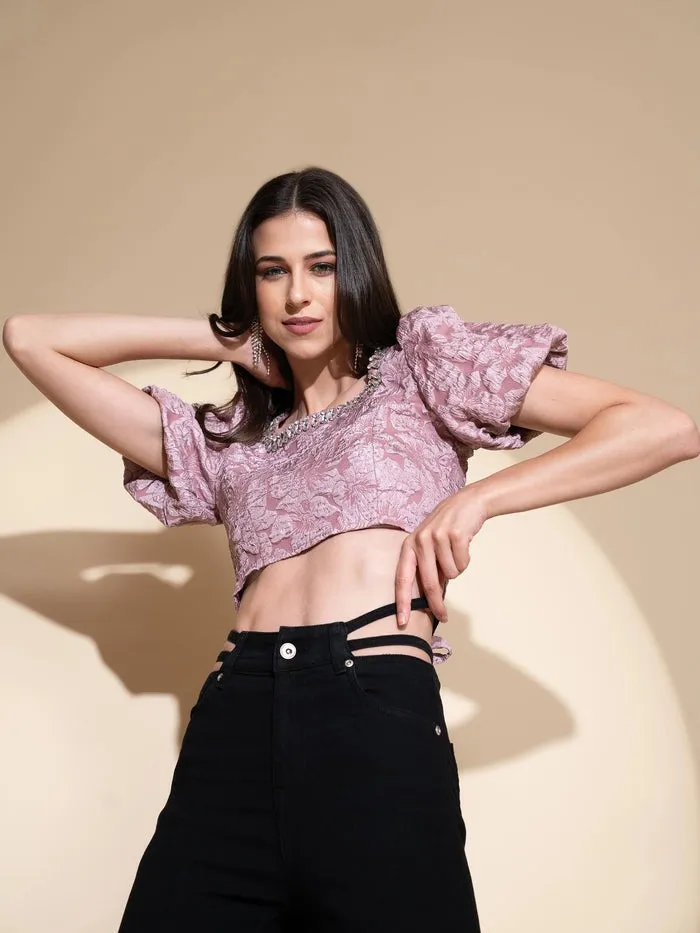 Women Square Neck Embroidered Cropped Blouson Top