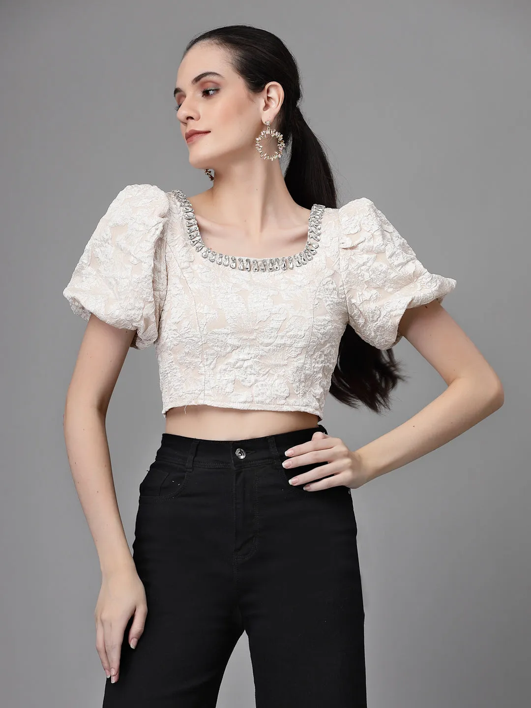 Women Square Neck Embroidered Cropped Blouson Top