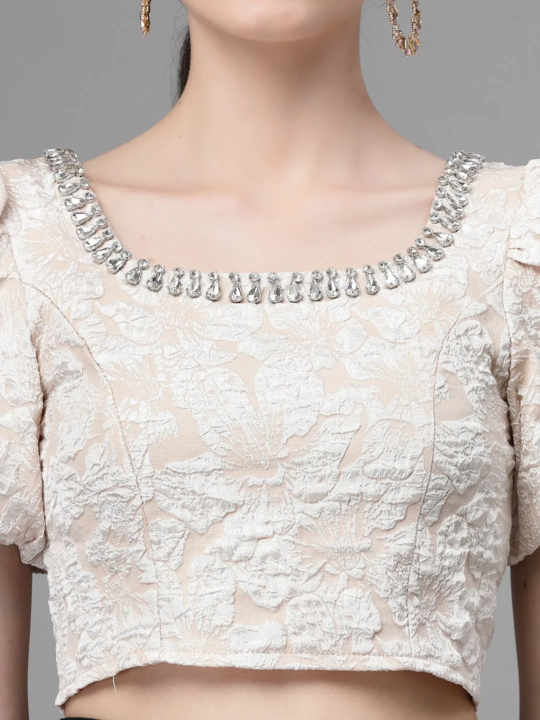 Women Square Neck Embroidered Cropped Blouson Top