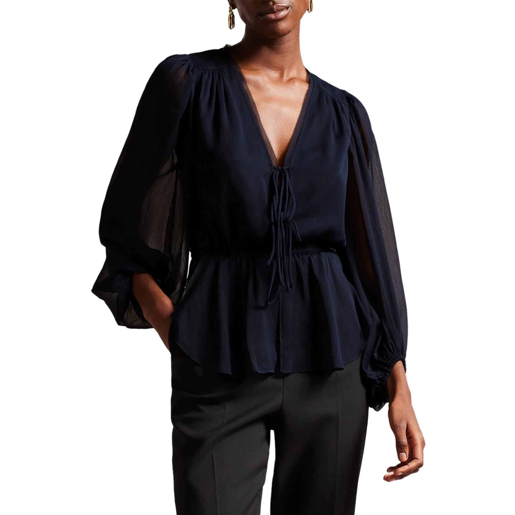 Women Wmb-Frasiah-Tie Front Blouse - Dk-Blue