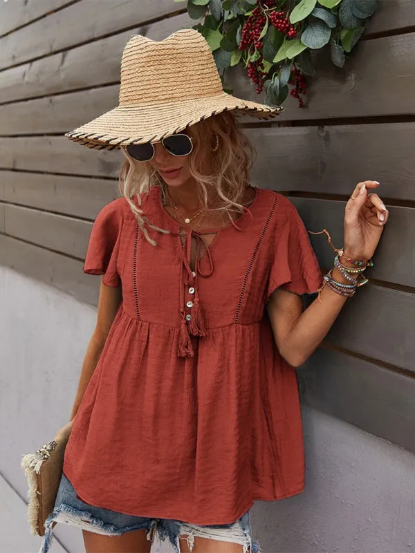 Women's Boho Short Sleeve Top with Tassels