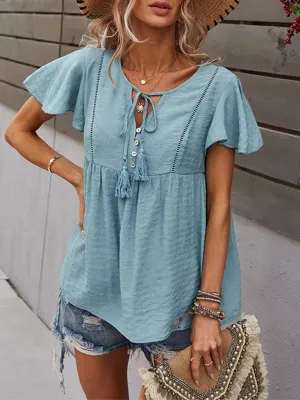Women's Boho Short Sleeve Top with Tassels