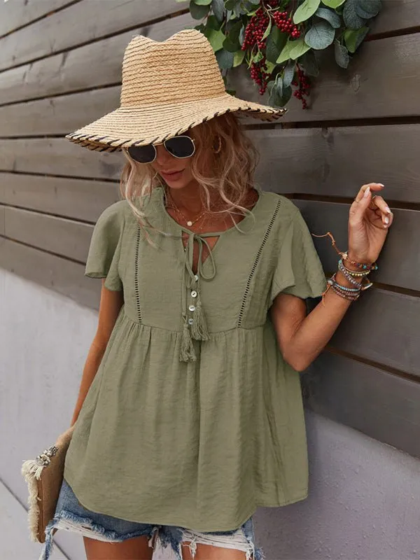 Women's Boho Short Sleeve Top with Tassels