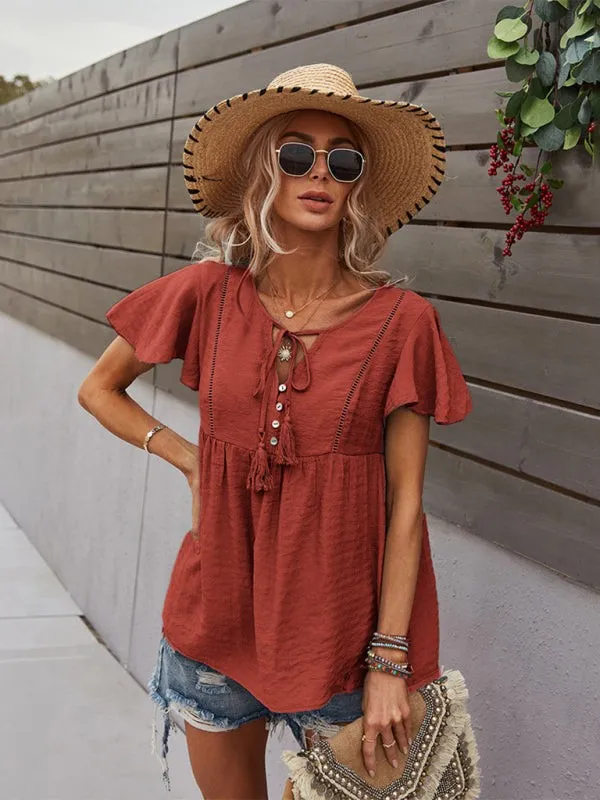 Women's Boho Short Sleeve Top with Tassels