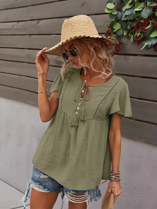 Women's Boho Short Sleeve Top with Tassels