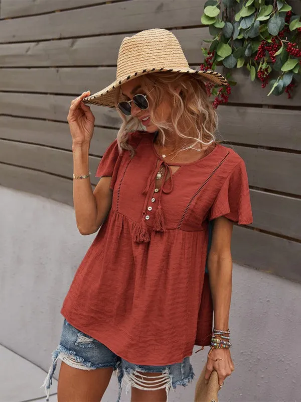 Women's Boho Short Sleeve Top with Tassels