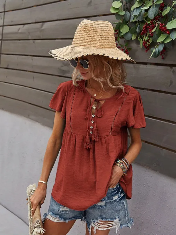 Women's Boho Short Sleeve Top with Tassels