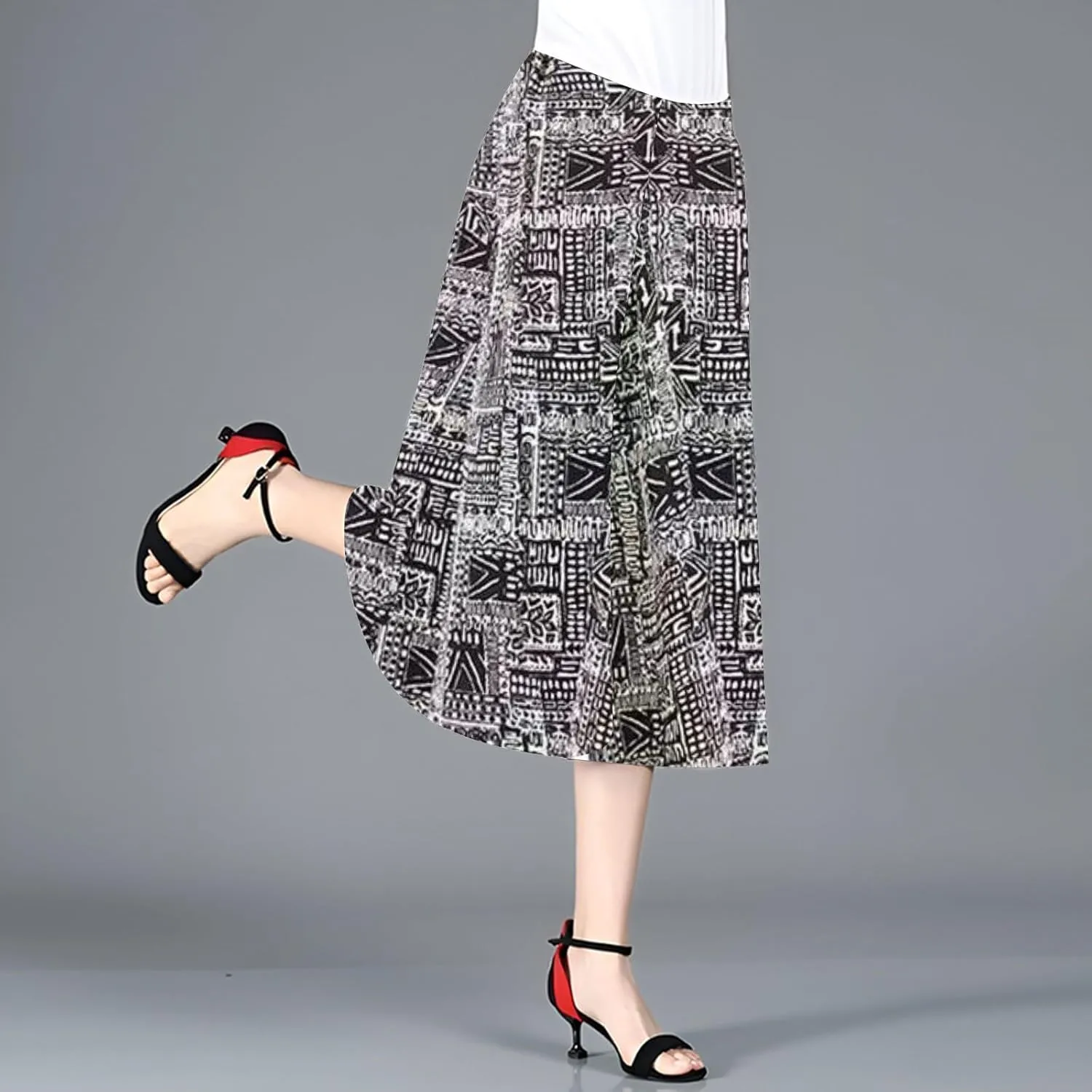 Womens Wide Leg Cropped Pants Plus Size Flowy Loose Fit Capri Pants Summer Floral Printed Elastic High Waisted Beach Trousers
