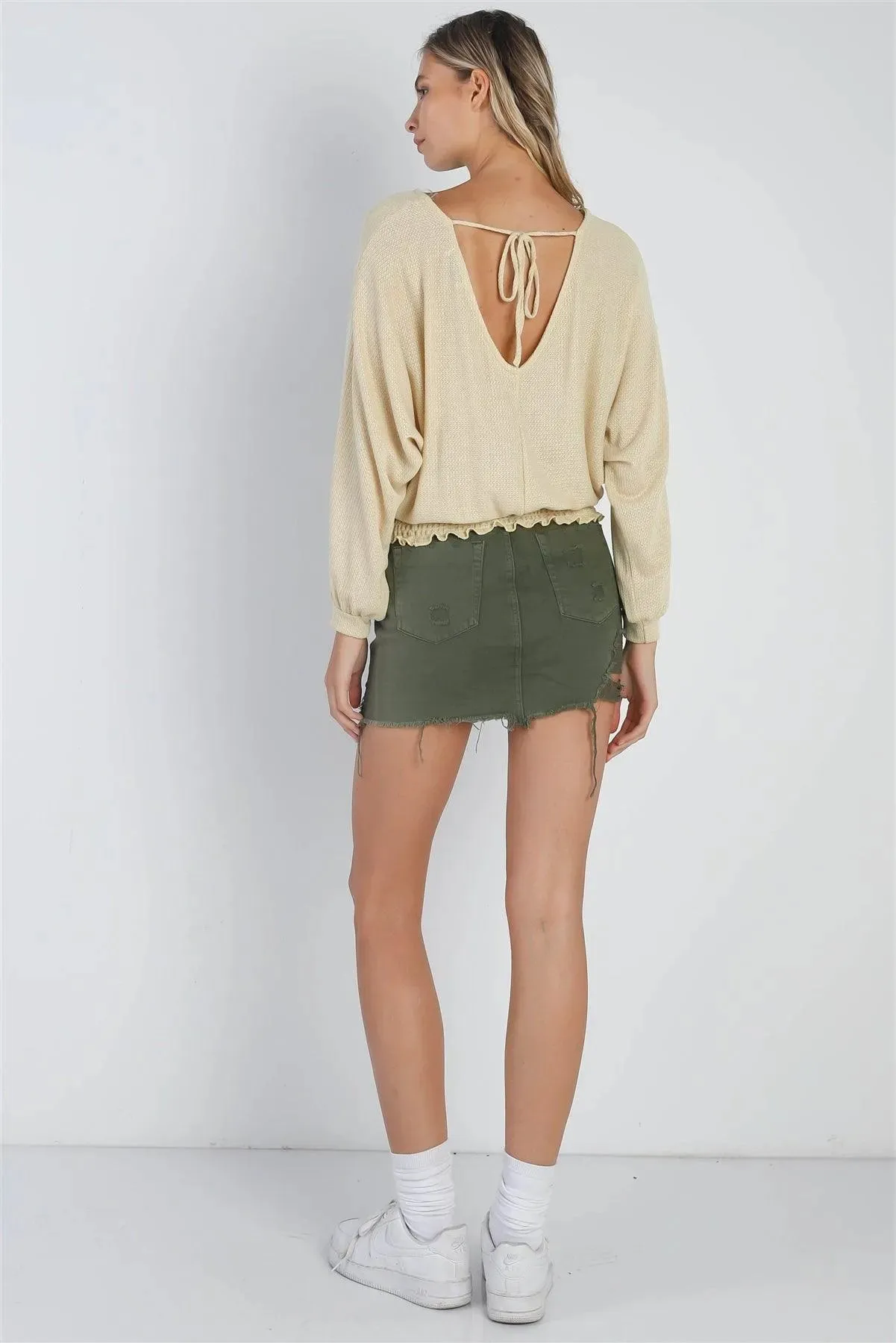 Yellow Waffle Knit Long Sleeve Smocked Hem Top /2-2-2