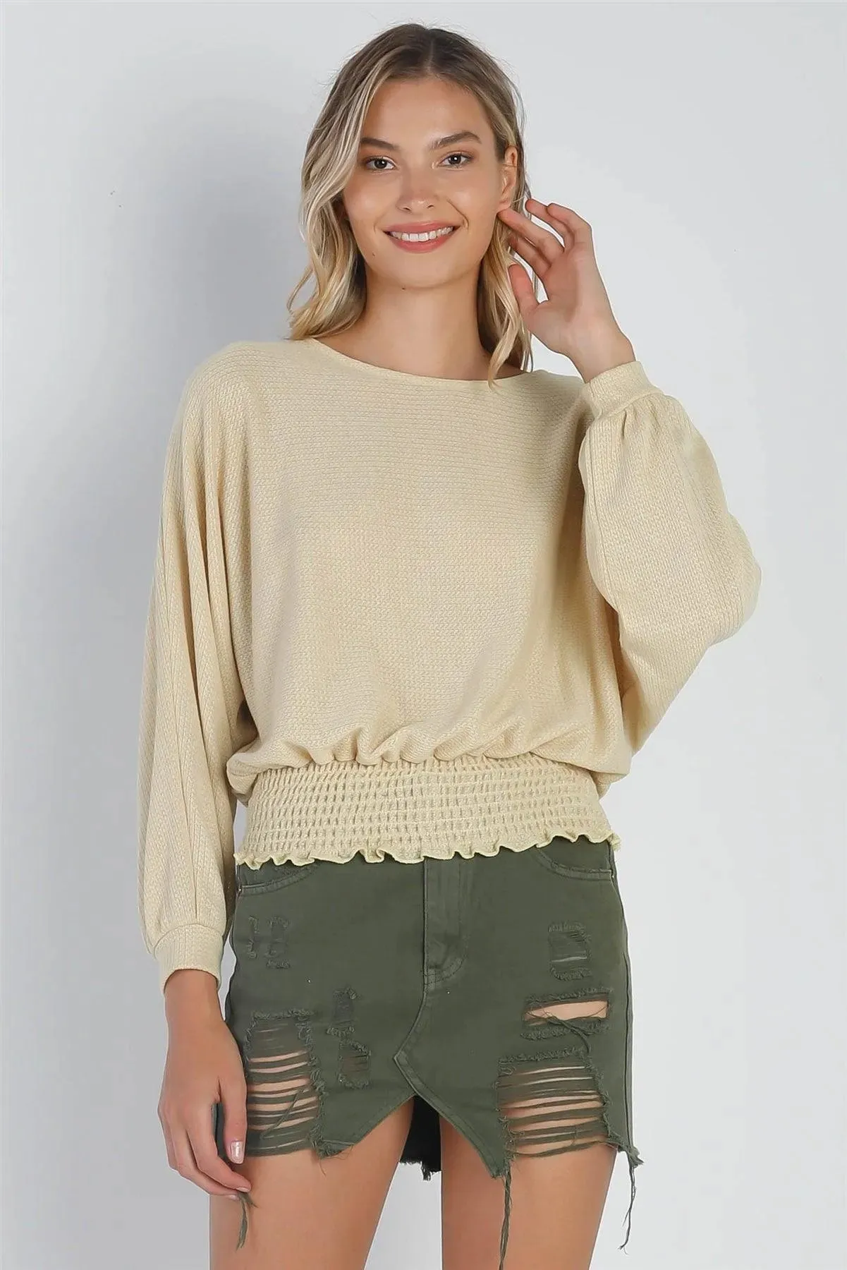 Yellow Waffle Knit Long Sleeve Smocked Hem Top /2-2-2